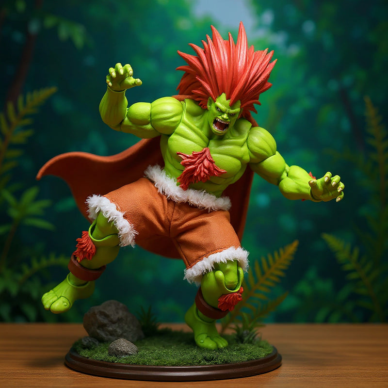 Soft fabric cape with wire-edged flowing drape on 1/12 action figure in jungle diorama with rocks and moss, high-contrast lighting.