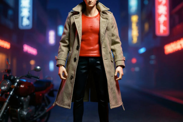 Cream/tan 1/12 scale trench jacket on action figure body in neon-lit Tokyo street with motorcycle and sunglasses