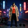 Cream/tan 1/12 scale trench jacket on action figure body in neon-lit Tokyo street with motorcycle and sunglasses