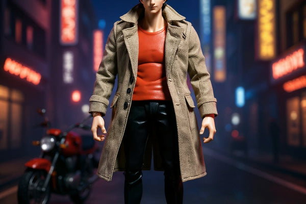 Cream/tan 1/12 scale trench jacket on action figure body against neon Tokyo street with miniature motorcycle.