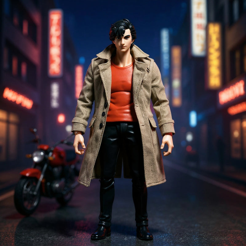 Cream/tan 1/12 scale trench jacket on action figure body against neon Tokyo street with miniature motorcycle.