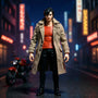 Cream/tan 1/12 scale trench jacket on action figure body against neon Tokyo street with miniature motorcycle.