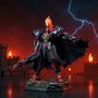 Dark flowing 1/72 scale fabric cape with internal wire frame draped over miniature plate armor torso and metal sword on mossy rock, stone castle backdrop, dramatic red and blue gradient lighting.