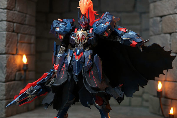 Dark fabric cape on 1/72 knight figure with wire-posed dynamic hem, stone castle backdrop and torch lighting