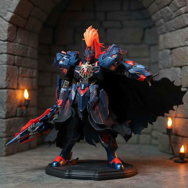 Dark fabric cape on 1/72 knight figure with wire-posed dynamic hem, stone castle backdrop and torch lighting