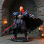 Dark fabric cape on 1/72 knight figure with wire-posed dynamic hem, stone castle backdrop and torch lighting