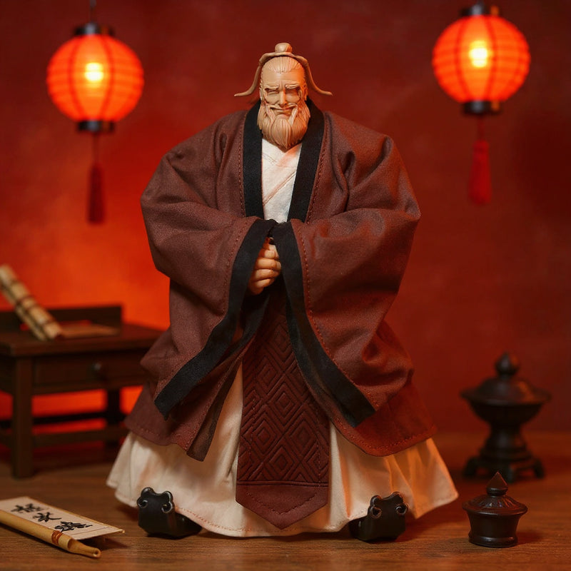 Traditional Chinese scholar robe on action figure body with scholar desk, scroll, lantern, and incense burner against a bold crimson gradient background.
