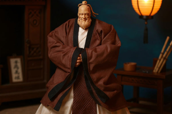 Traditional Chinese scholar robe with wire-framed sleeves on action figure, with pavilion and desk props, teal and crimson background.