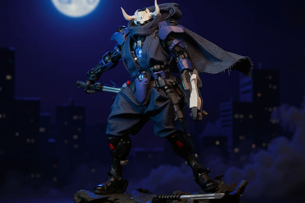 Dark woven fabric cape on a leaping ninja action figure against a moonlit urban rooftop diorama with fog, katana, and shuriken, vivid violet and blue gradient backdrop.