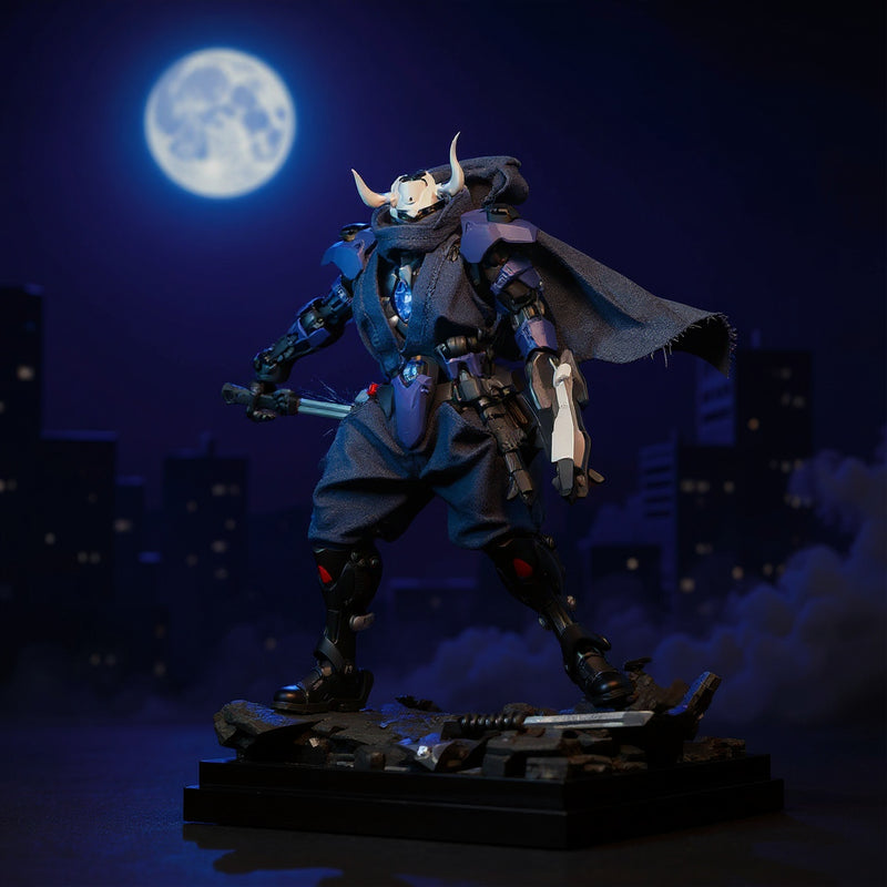 Dark woven fabric cape on a leaping ninja action figure against a moonlit urban rooftop diorama with fog, katana, and shuriken, vivid violet and blue gradient backdrop.