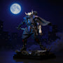Dark woven fabric cape on a leaping ninja action figure against a moonlit urban rooftop diorama with fog, katana, and shuriken, vivid violet and blue gradient backdrop.