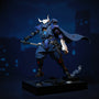 Dark fabric ninja cape on action figure in leaping pose against neon blue-violet rooftop night scene