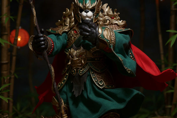 Chinese-style fabric cape on a 7-inch action figure in a miniature bamboo forest with red lanterns and wooden sword.