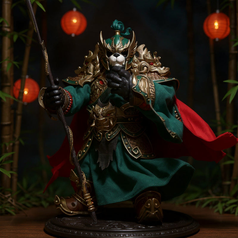 Chinese-style fabric cape on a 7-inch action figure in a miniature bamboo forest with red lanterns and wooden sword.
