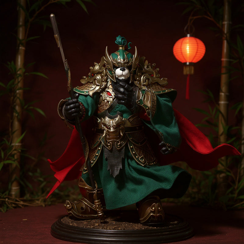 Red and black fabric cape on 7-inch action figure against bamboo forest and red lanterns