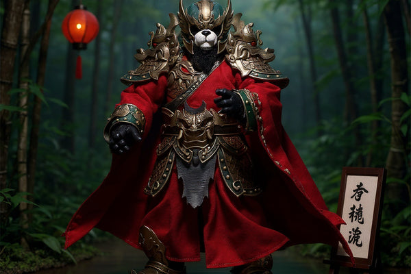 Chinese-style posable cape on action figure with bamboo forest backdrop and red lanterns
