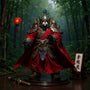 Chinese-style posable cape on action figure with bamboo forest backdrop and red lanterns
