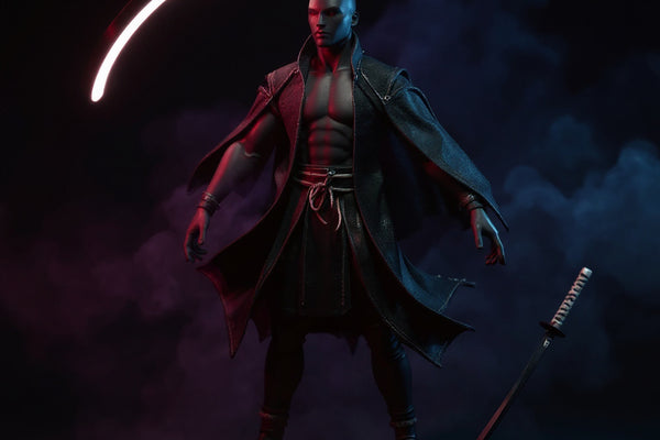 Dark flowing fabric cape with wire frame on mannequin, oni mask and katana on rotating stand, dramatic fog background.