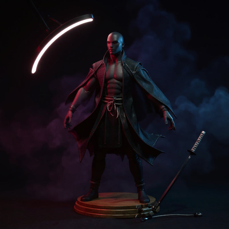 Dark flowing fabric cape with wire frame on mannequin, oni mask and katana on rotating stand, dramatic fog background.