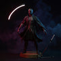Dark flowing fabric cape with wire frame on mannequin, oni mask and katana on rotating stand, dramatic fog background.