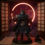 Dark flowing 1/10 scale fabric cape with wire-shaped folds displayed on a wooden stand beside a katana and oni mask, against a crimson-violet gradient folding screen with fog and ring light.