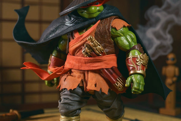 Dark green ninja cape draped over TMNT-style action figure in dynamic pose with bamboo dojo backdrop, katana and shuriken props, and smoke effect