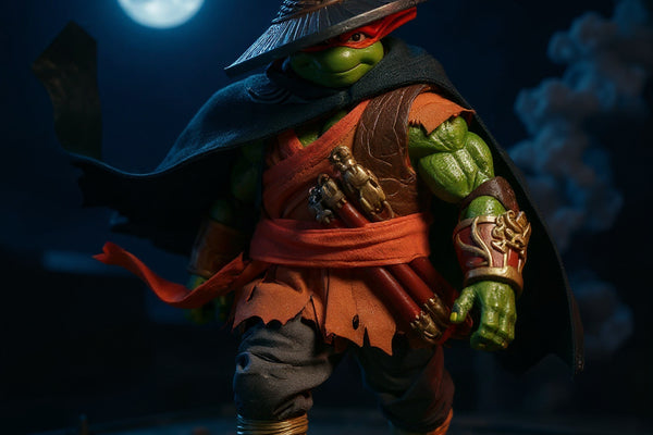 Dark green fabric cape with stitched texture draped over a 6.5-inch TMNT-style action figure leaping on a rooftop with smoke, katana, and shuriken, dramatic lighting.