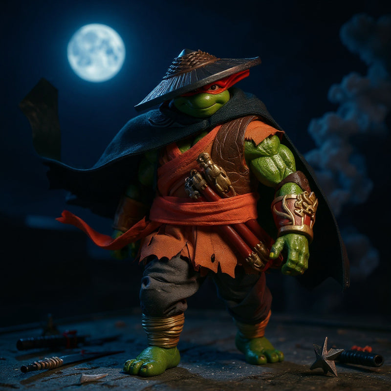 Dark green fabric cape with stitched texture draped over a 6.5-inch TMNT-style action figure leaping on a rooftop with smoke, katana, and shuriken, dramatic lighting.