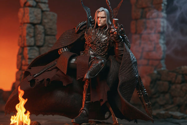 Brown/tan weathered fabric cape with frayed hem and tie-front closure on muscular barbarian action figure in windswept pose, ancient ruins and campfire backdrop, bold gradient sky.