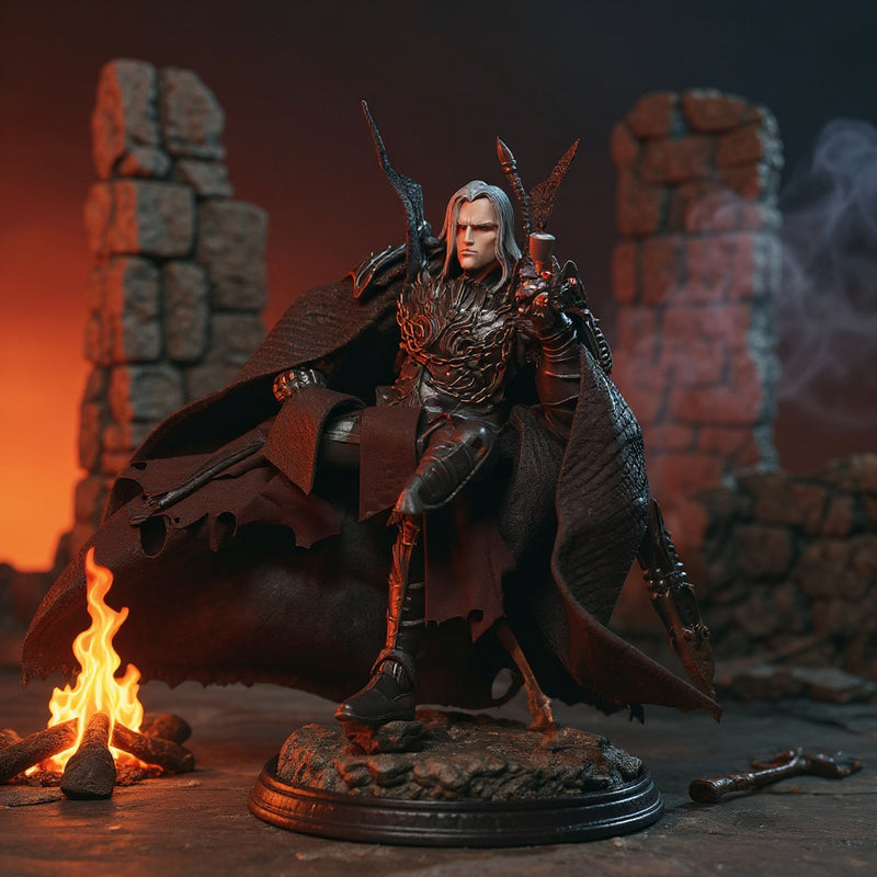Brown/tan weathered fabric cape with frayed hem and tie-front closure on muscular barbarian action figure in windswept pose, ancient ruins and campfire backdrop, bold gradient sky.