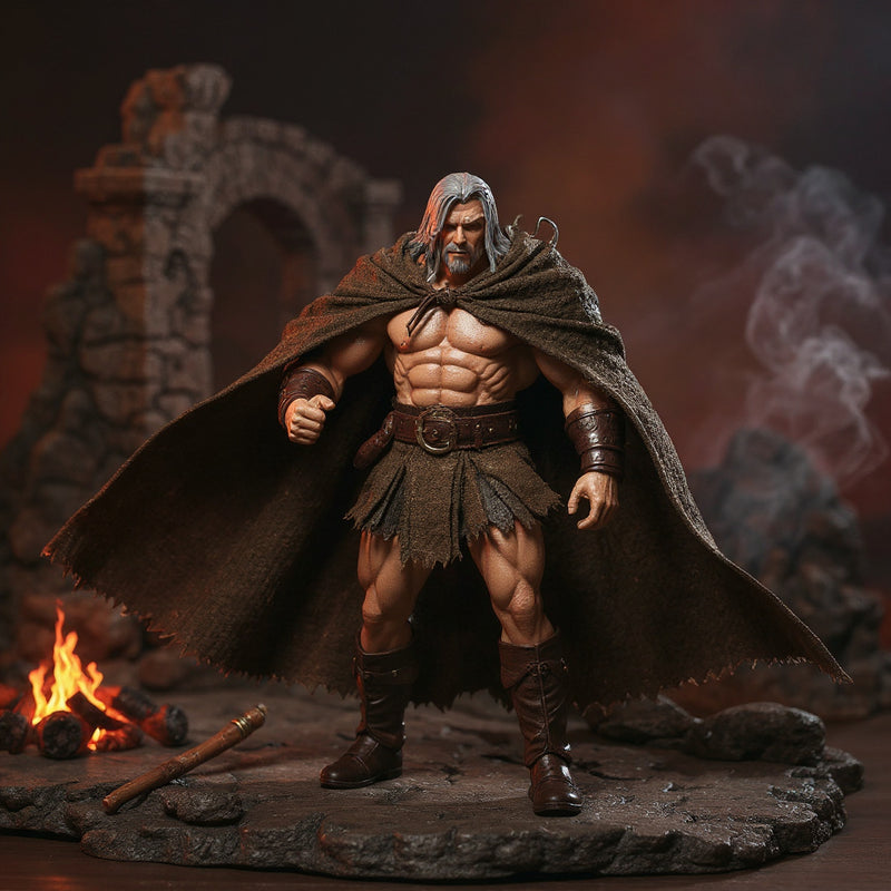Brown/tan weathered fabric cape with frayed hem and tie front draped over a muscular 6-inch barbarian action figure on a rocky diorama with ancient ruins and campfire, dynamic windswept pose.