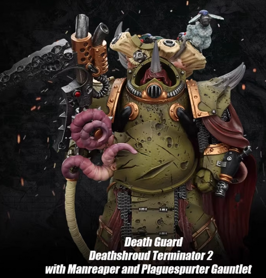 The Death Shroud Terminator is equipped with a Reaper scythe and Plague Spray guards